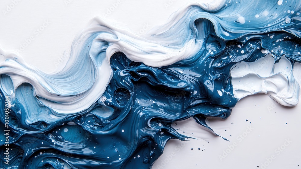 Poster this image shows a dynamic and flowing composition of blue and white oil paints on a canvas, capturi