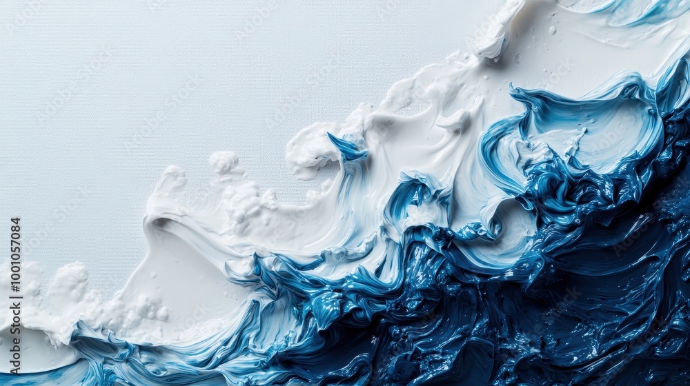 Poster an abstract depiction of flowing blue and white oil paint on canvas, highlighting the fluid intertwi