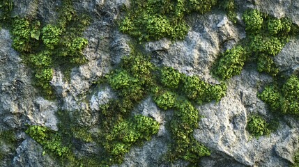 Obraz premium Green moss and lichen growing on a rough grey rock surface.