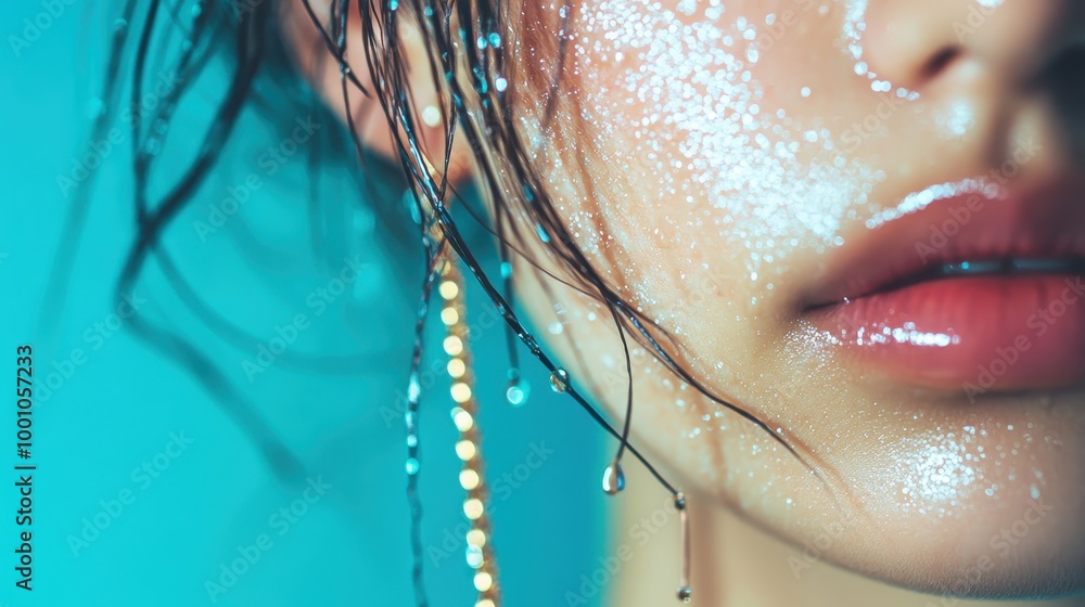 Poster an intriguing abstract image capturing water flowing on a face from the side, illustrating the harmo