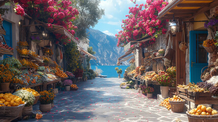 Naklejka premium Vibrant Greek Street Market with Fresh Produce, Flowers, and Handmade Crafts