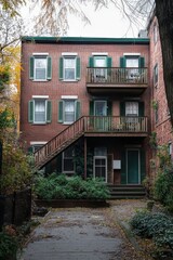 Fototapeta premium Cozy brick apartment building with balconies in autumn