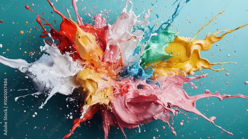 Poster a dynamic and energetic image showing an explosion of colorful paint splashes on a teal backdrop, ca