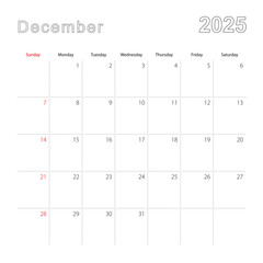 Simple wall calendar for December 2025 with dotted lines. The calendar is in English, week start from Sunday.