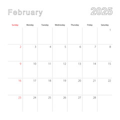 Simple wall calendar for February 2025 with dotted lines. The calendar is in English, week start from Sunday.