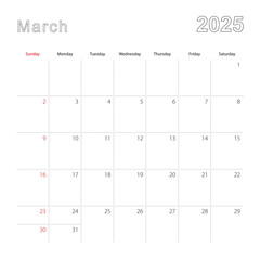 Simple wall calendar for March 2025 with dotted lines. The calendar is in English, week start from Sunday.