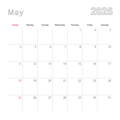 Simple wall calendar for May 2025 with dotted lines. The calendar is in English, week start from Sunday.