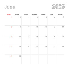 Simple wall calendar for June 2025 with dotted lines. The calendar is in English, week start from Sunday.