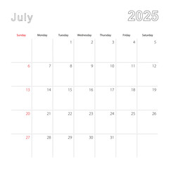 Simple wall calendar for July 2025 with dotted lines. The calendar is in English, week start from Sunday.