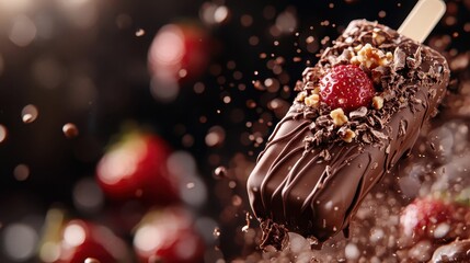 A visually dynamic image capturing a chocolate-covered popsicle with nuts and strawberries in a mid-splash effect, creating a sense of excitement and motion in the scene.