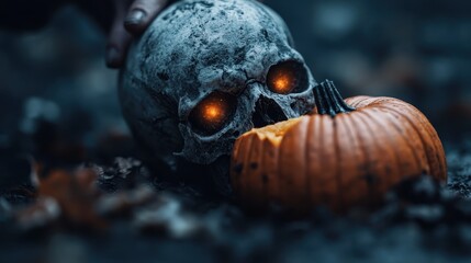 Fototapeta premium A skull with glowing eyes is placed next to a partially consumed pumpkin in a dark and eerie setting, creating an atmospheric scene perfect for Halloween or gothic themes.