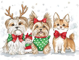 Three adorable dogs dressed for the holidays, featuring reindeer antlers and festive bows, set against a snowy backdrop.