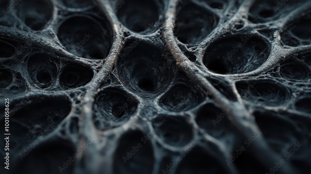 Wall mural a close-up view of a complex, dark biological or synthetic texture, featuring an intricate pattern o