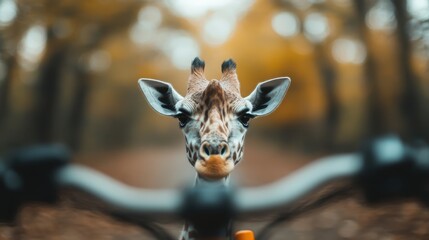 Obraz premium A curious giraffe stands centered within the frame of a bicycle's handlebars, aligned on a forested path, blending elements of wildlife and adventure within a natural setting.