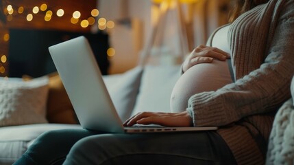 Mockup of a laptop with a pregnant woman relaxing on a sofa, streaming movies or using digital social media while holding her stomach