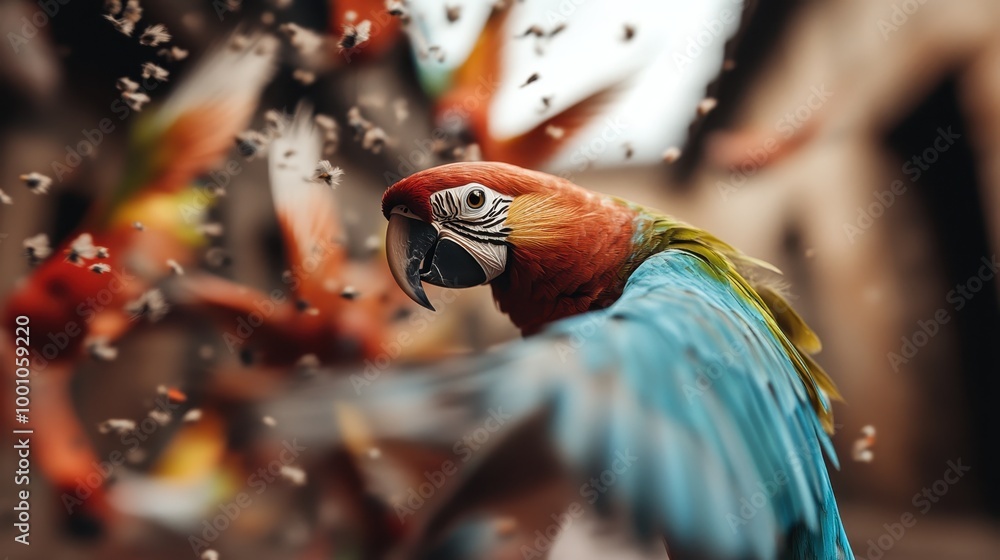 Poster a vibrant parrot in motion with its colorful feathers in sharp focus, showcasing the beauty and dive