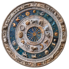 Obraz premium Intricate zodiac clock face with roman numerals, showing astrological signs, symbols, and the twelve months of the year