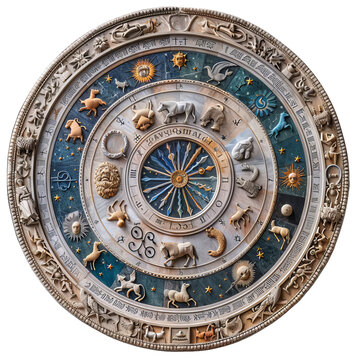 Intricate zodiac clock face with roman numerals, showing astrological signs, symbols, and the twelve months of the year