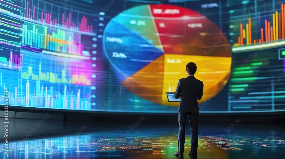 Poster a professional analyzing a 3d pie chart displayed on a large monitor, with colorful segments and per