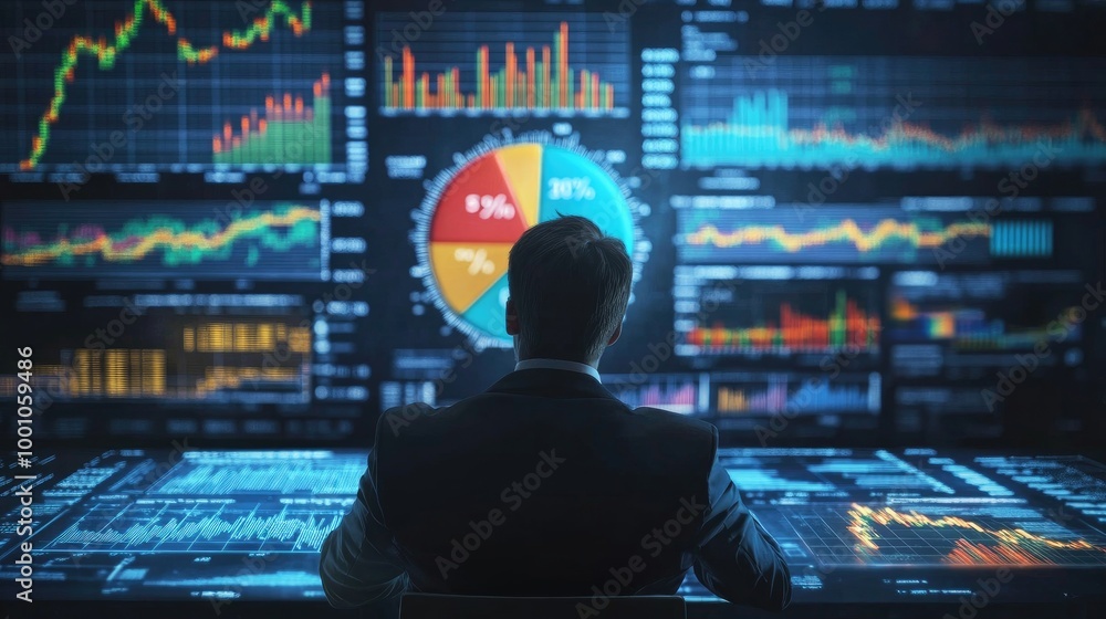 Poster a professional analyzing a 3d pie chart displayed on a large monitor, with colorful segments and per