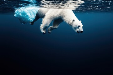 Naklejka premium Polar bear swimming underwater surrounded by dark depths.