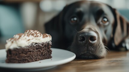 In a heartwarming scene, a dog stares intently at a slice of chocolate cake on a plate, symbolizing longing, temptation, and the universally relatable desire for a treat.