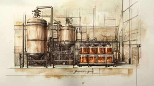 Bourbon distillery patent drawing pencil watercolor 1800's vintage artwork invention, copper, plumbing, call outs