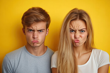 Two People Making Silly Displeased Faces Against Yellow Background