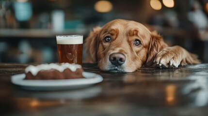 A relaxing scene shows a dog with fluffy ears next to a beer and chocolate cake topped with white icing and a cherry in a warmly lit bar.