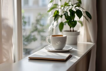 Online learning with laptop, open laptop on sola with coffee, pleasant home office