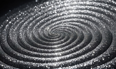 Naklejka premium A silver glitter spiral spins into the center of a black background