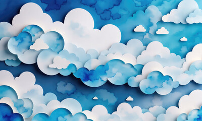 Paper clouds layered over a blue watercolor background create a dreamy, artistic sky