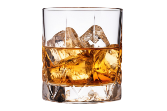 Classic Whiskey Glass with Rich Amber Liquid and Ice Cubes Isolated on Transparent Background