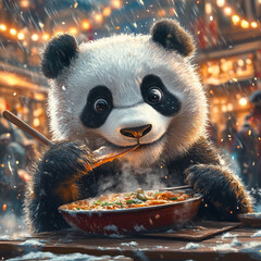 a panda eating soup 