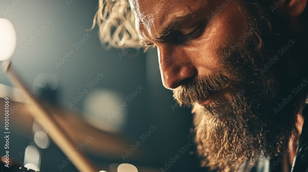 Poster a close-up shot of a drummer energetically playing drums on stage, captured in mid-action with a sof
