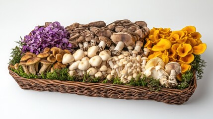 A bright, gourmet mushroom display in baskets, featuring a variety of colorful mushrooms with intricate textures on a clean white backdrop.
