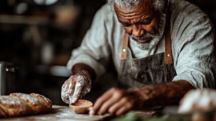 A baker skillfully shaping dough on a wooden table is depicted, highlighting the expertise involved in traditional baking practices and the rich textures of artisanal bread making.