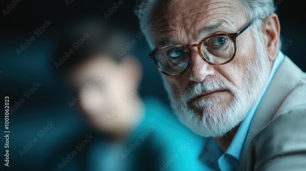 Poster an older man with a white beard and glasses appears deep in thought, looking intently into the dista