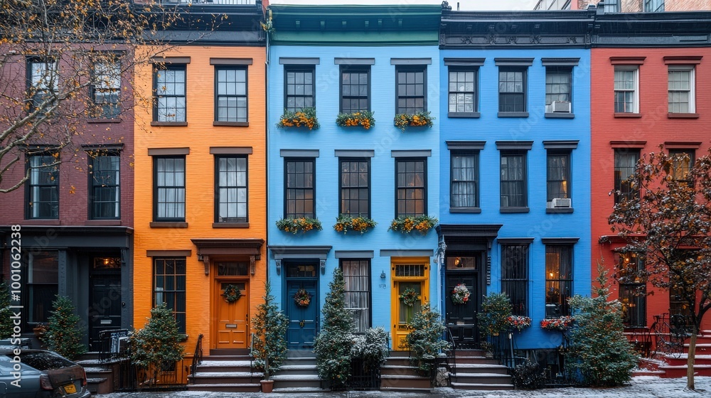 Poster vibrant row of classical architecture in urban setting