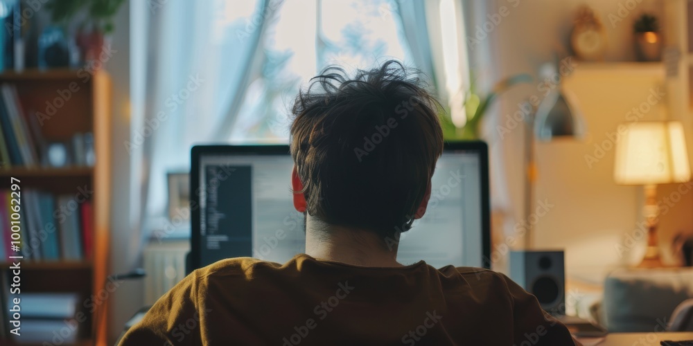 Poster individual engaged in online learning and remote work from a living space, utilizing a computer for 