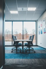 Fototapeta premium A modern office meeting room with a table and chairs, featuring large windows and a view.
