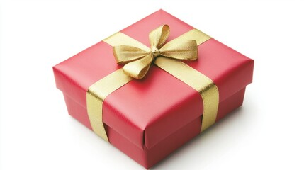 Obraz premium New Year gift box wrapped in glossy red paper with a gold ribbon, isolated on white background, showing festive spirit.