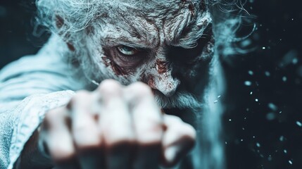 An intense image of an old man with a fierce expression, extending his fist forward with determination, set against a dark dramatic background accentuating the emotional intensity.