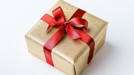 Obraz premium New Year gift wrapped in shimmering gold paper with a red ribbon, isolated on a white background, showcasing festive details.