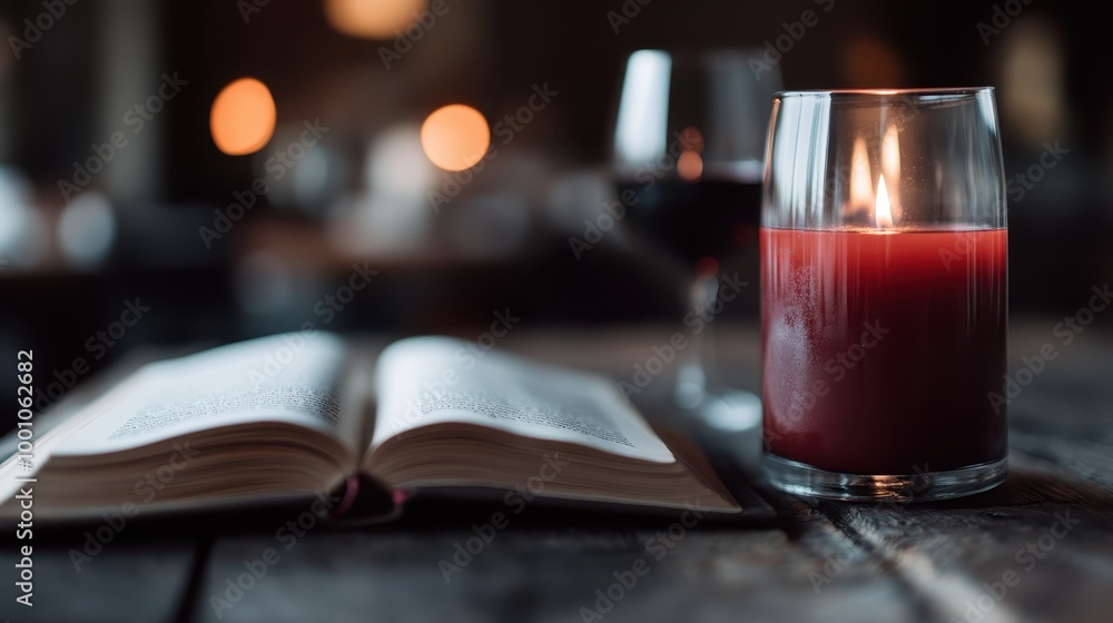 Poster a burning candle stands near an open book and a glass of wine on a dark wooden table, creating a war