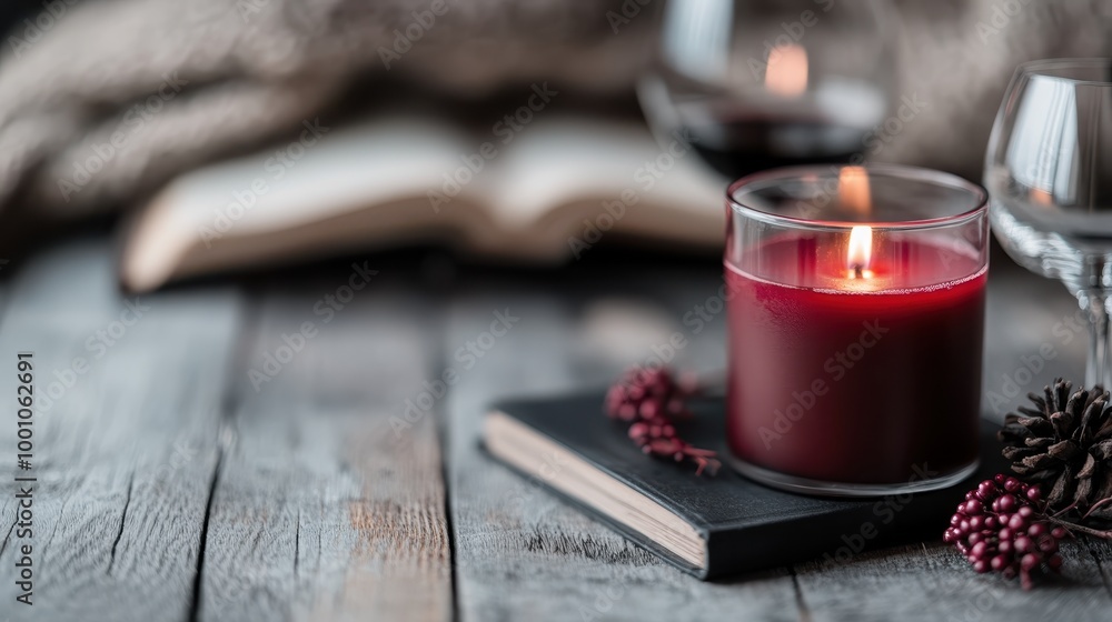Poster a red candle sits on a closed book with a wine glass in the background, set on a rustic wooden table