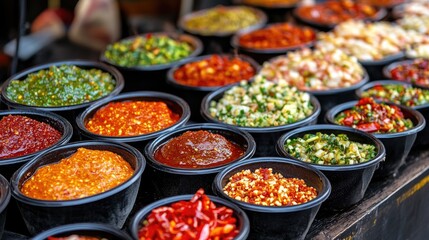 Obraz premium A street food stall displaying various chili condiments in small bowls, with crushed chilies, chili paste, and soy sauce, ready for customers to add to their meals.
