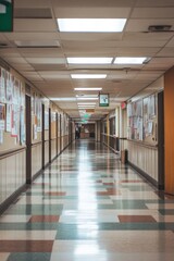 Naklejka premium A long, empty hallway with posters on the walls and bright overhead lighting.