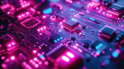Obraz premium Vibrant circuit board with glowing pink and blue lights