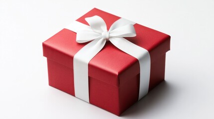 Fototapeta premium Red New Year gift box with a white ribbon and bow, isolated on a clean white background, creating a festive, celebratory feel.
